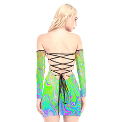 Green Holography Skull Off-shoulder Back Lace-up Dress - Wonder Skull