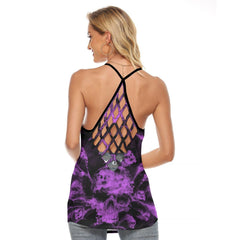 Purple Soul Skull Criss-Cross Open Back Tank Top, Coolest T-Shirt For Women - Wonder Skull