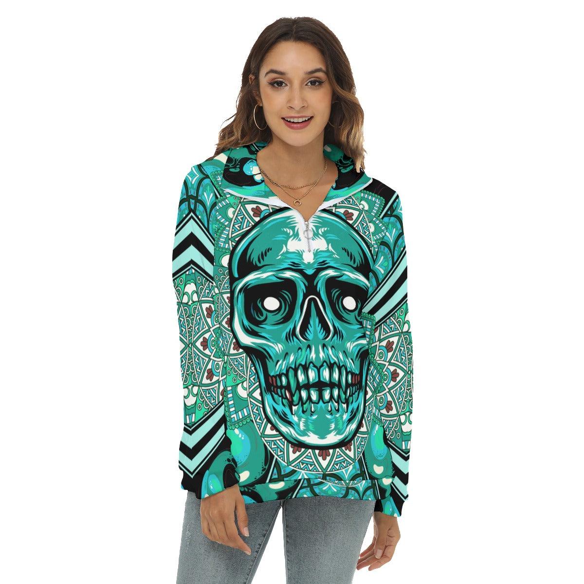 Green Skull Mandala Borg Fleece Sweatshirt With Half Zip - Wonder Skull