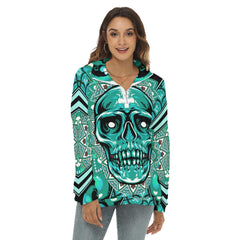 Green Skull Mandala Borg Fleece Sweatshirt With Half Zip - Wonder Skull