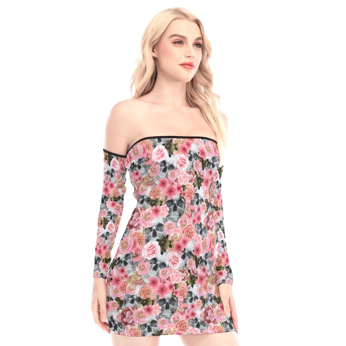 Chaotic Pink Rose Skull Off-shoulder Back Lace-up Dress - Wonder Skull