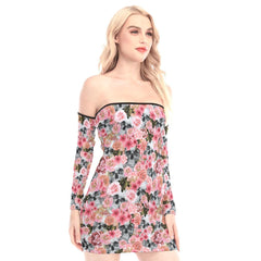 Chaotic Pink Rose Skull Off-shoulder Back Lace-up Dress - Wonder Skull