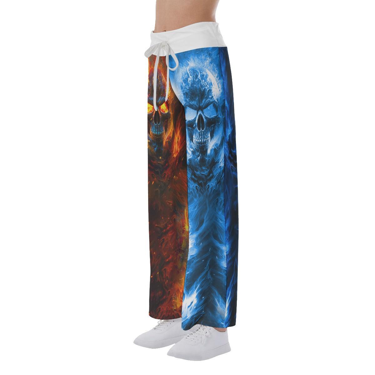Orange Blue Color Block Skull High-waisted Wide Leg Pants - Wonder Skull