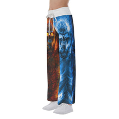 Orange Blue Color Block Skull High-waisted Wide Leg Pants - Wonder Skull