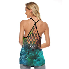 TieDye Mandala Skull Criss-Cross Open Back Tank Top, Coolest T-Shirt For Women - Wonder Skull