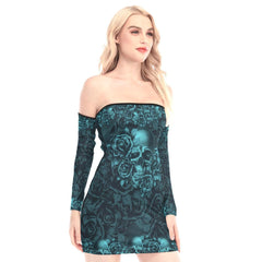 Marble Blue Gothic Skull Off-shoulder Back Lace-up Dress - Wonder Skull