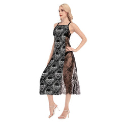 Skull Gothic Pattern Lace Cami Cross Back Women Dress - Wonder Skull
