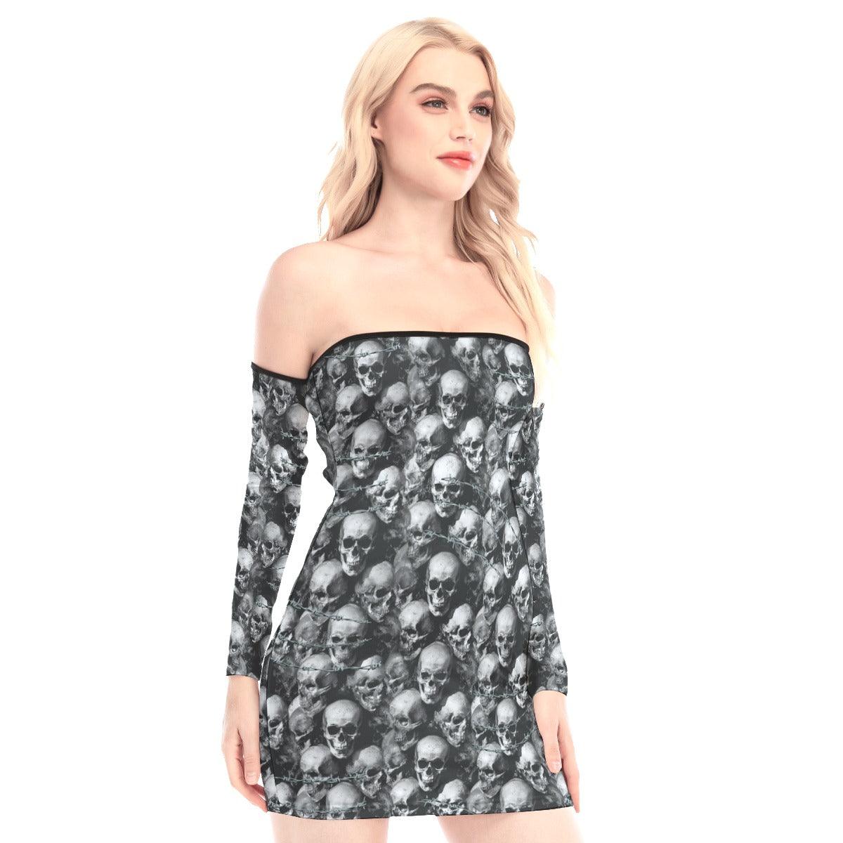 Barbed Wire Skull Off-shoulder Back Lace-up Dress - Wonder Skull