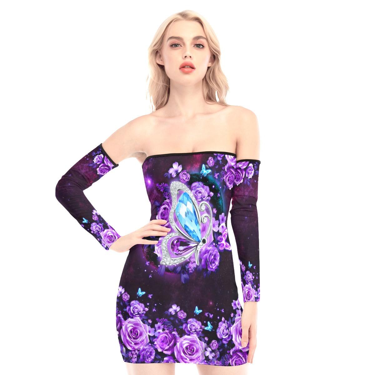 Gem Butterfly Roses Off-shoulder Back Lace-up Dress - Wonder Skull