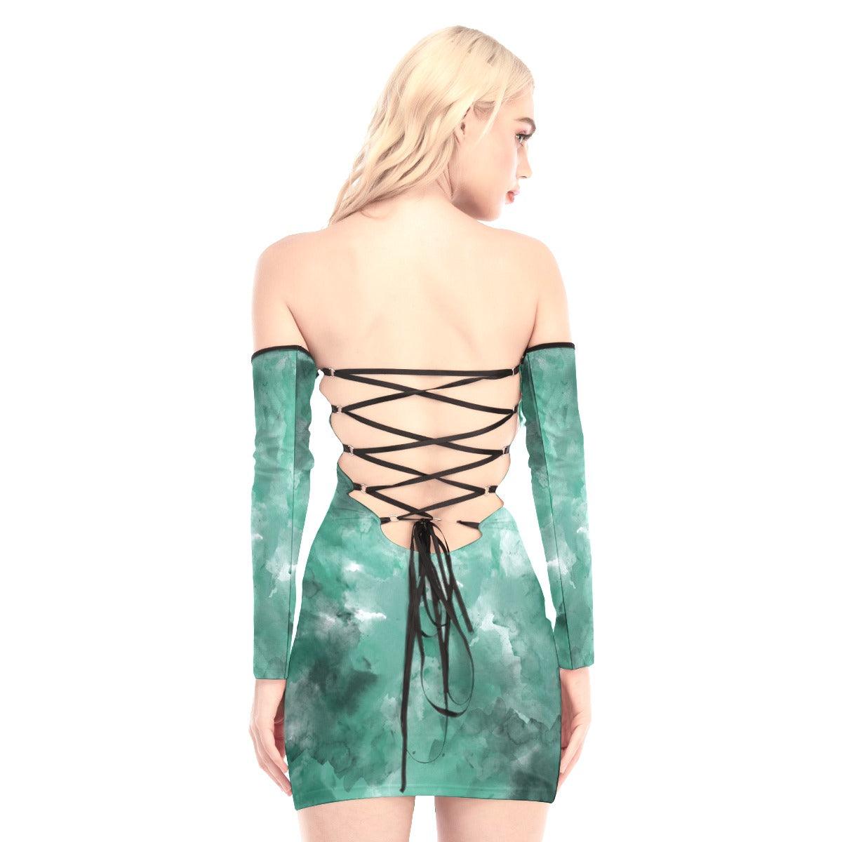 Green Melting Skull Off-shoulder Back Lace-up Dress - Wonder Skull