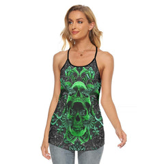 Ornament Skull Gothic Criss-Cross Open Back Tank Top, Coolest T-Shirt For Women - Wonder Skull