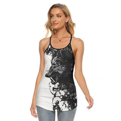 Attractive Wolf Artwork Hand Criss-Cross Open Back Tank Top, Hot T-Shirt For Women - Wonder Skull
