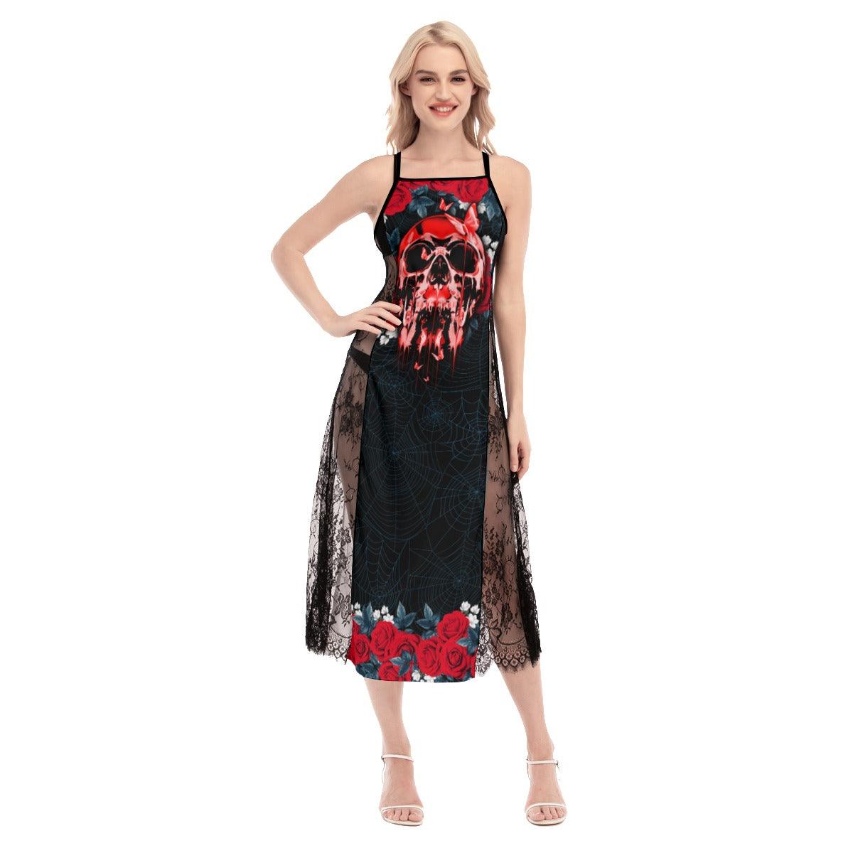 Hot Rose Skull Pattern Lace Cami Cross Back Women Dress - Wonder Skull