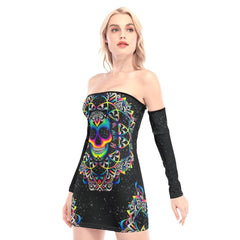 Colorful Mandala Skull Off-shoulder Back Lace-up Dress - Wonder Skull