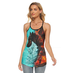 Fire & Snow Wolf Criss-Cross Open Back Tank Top, Hot T-Shirt For Women - Wonder Skull