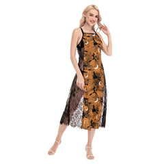 Halloween Witchy Moon All-Over Print Women Lace Cami Cross Back Dress, Gorgeous Nightgown - Wonder Skull