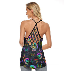 TieDye Skull Butterfly Criss-Cross Open Back Tank Top, Trending T-Shirt For Women - Wonder Skull