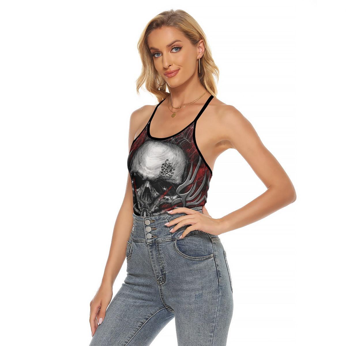 Gothic Spider Skull Criss-Cross Open Back Tank Top, Hot T-Shirt For Women - Wonder Skull