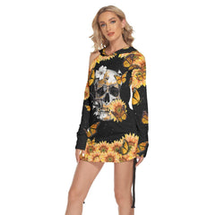 Butterfly Sunflower Skull Print Open Shoulder Dress - Wonder Skull
