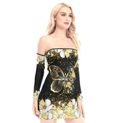 Gold Flowers Butterfly Off-shoulder Back Lace-up Dress - Wonder Skull
