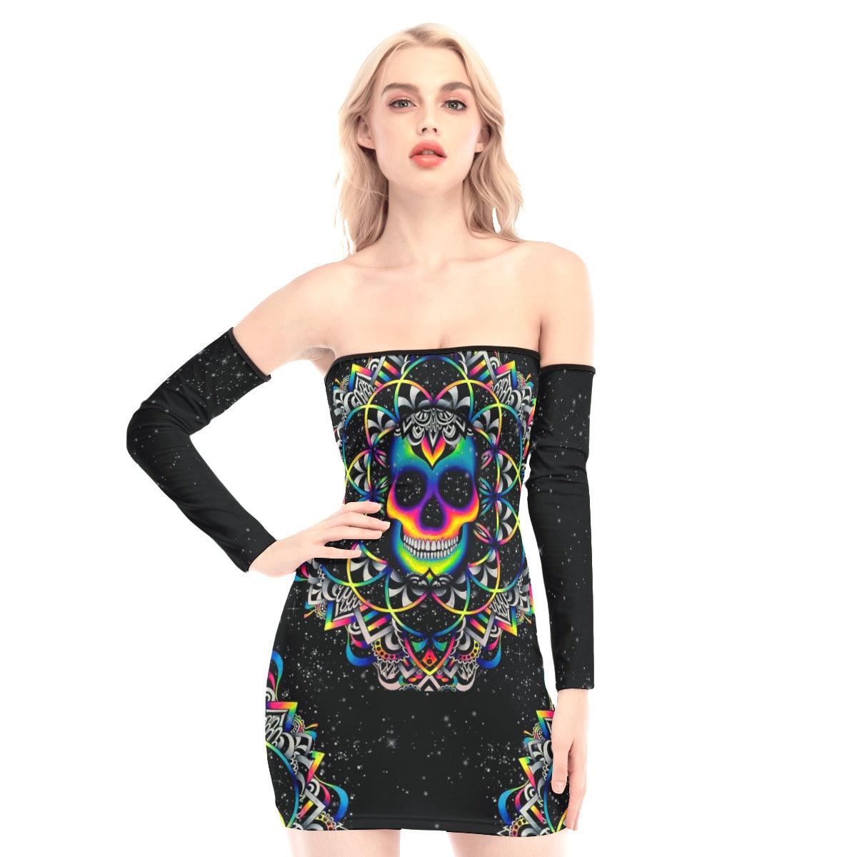Colorful Mandala Skull Off-shoulder Back Lace-up Dress - Wonder Skull