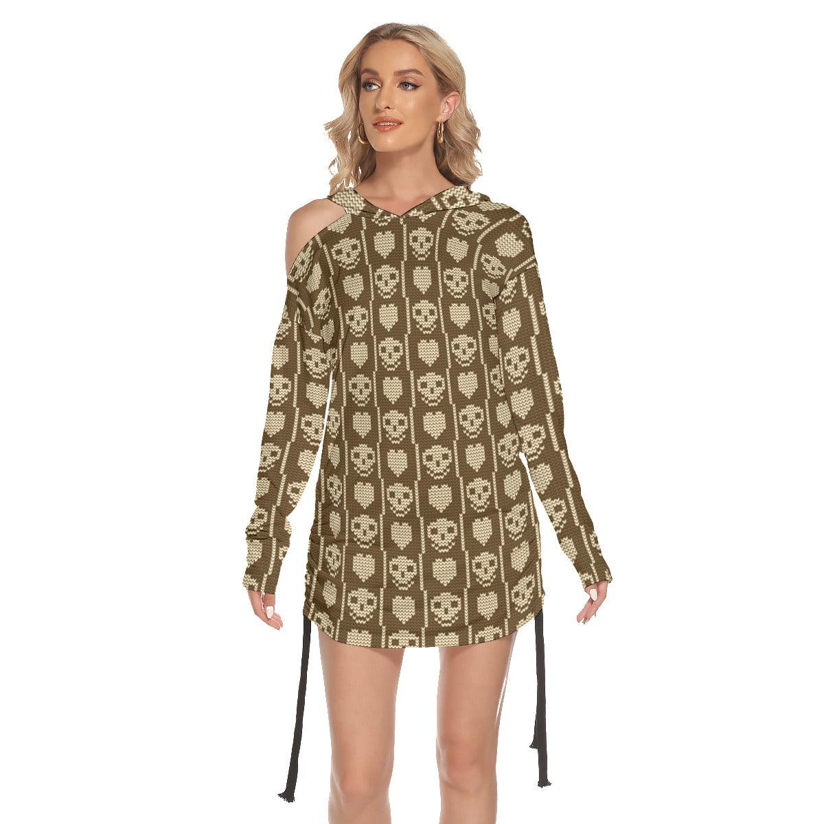 Christmas Brown Skull Heart Print Open Shoulder Dress - Wonder Skull