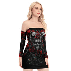 Skull Gothic Red Rose Off-shoulder Back Lace-up Dress - Wonder Skull
