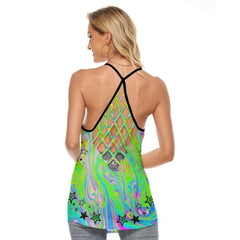 Rainbow Skull Rose Criss-Cross Open Back Tank Top, Hot T-Shirt For Women - Wonder Skull