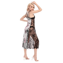 Pink Gothic Skeleton Pattern Lace Cami Cross Back Women Dress - Wonder Skull