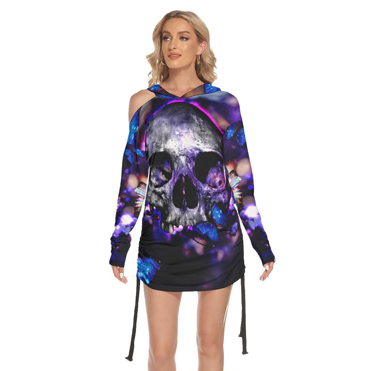 Sexy Violet Skull Butterfly Print Open Shoulder Dress- Wonder Skull