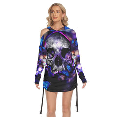 Sexy Violet Skull Butterfly Print Open Shoulder Dress- Wonder Skull