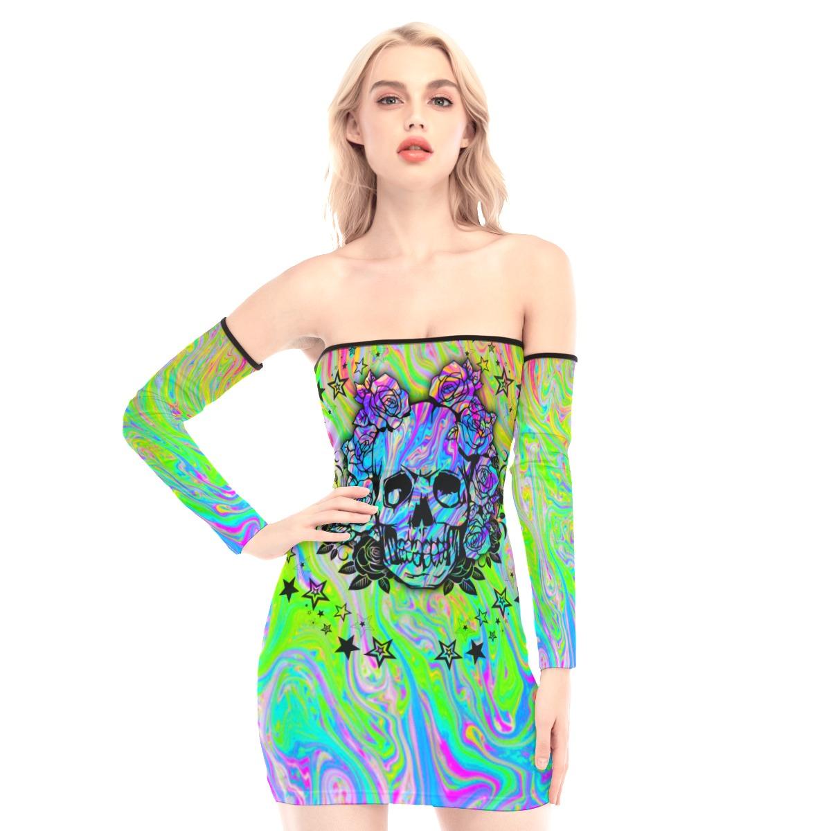 Green Holography Skull Off-shoulder Back Lace-up Dress - Wonder Skull