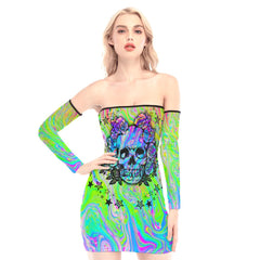Green Holography Skull Off-shoulder Back Lace-up Dress - Wonder Skull