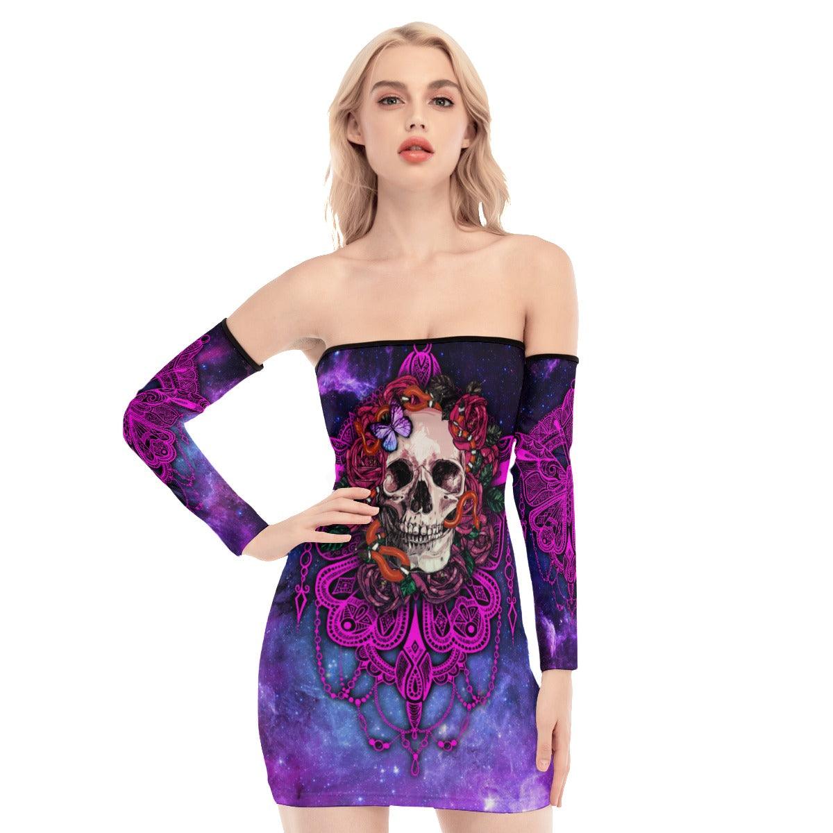 Skull Gothic Pink Galaxy Off-shoulder Back Lace-up Dress - Wonder Skull