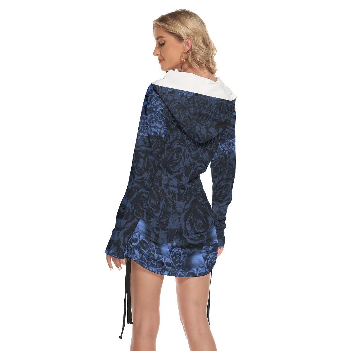 Skull Dark Blue Rose Print Open Shoulder Dress - Wonder Skull