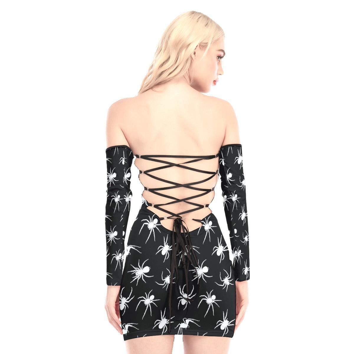 White Spider Pattern Off-shoulder Back Lace-up Dress - Wonder Skull