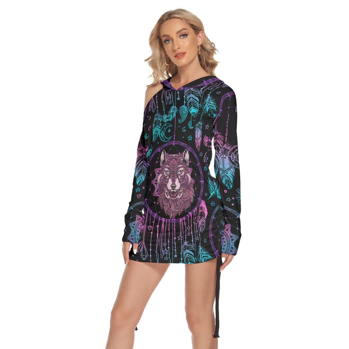Dark Purple Wolf Chime All Over Print Women One Shoulder Dress With Waist Shirring, Long Hoodie For Women - Wonder Skull