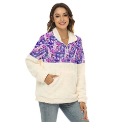 Purple Skull Rose Pattern Fleece Sweatshirt With Half Zip - Wonder Skull