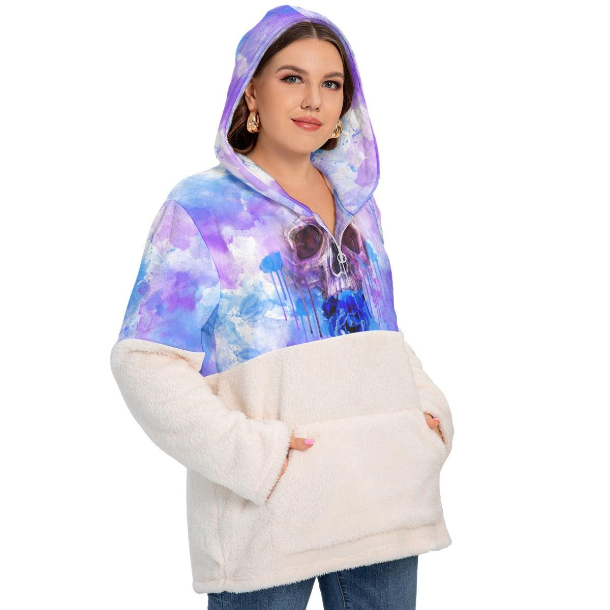 Colorful Skull Borg Fleece Hoodie With Half Zip - Wonder Skull