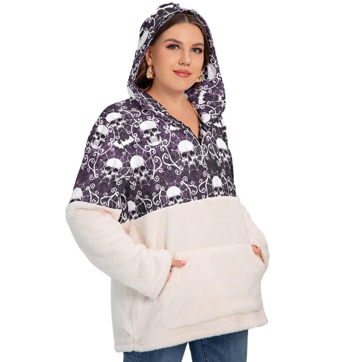 Gothic Skull Bat Borg Fleece Hoodie With Half Zip - Wonder Skull