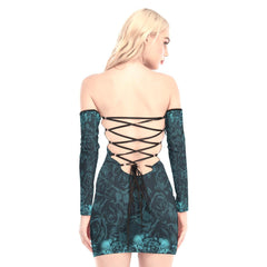 Marble Blue Gothic Skull Off-shoulder Back Lace-up Dress - Wonder Skull