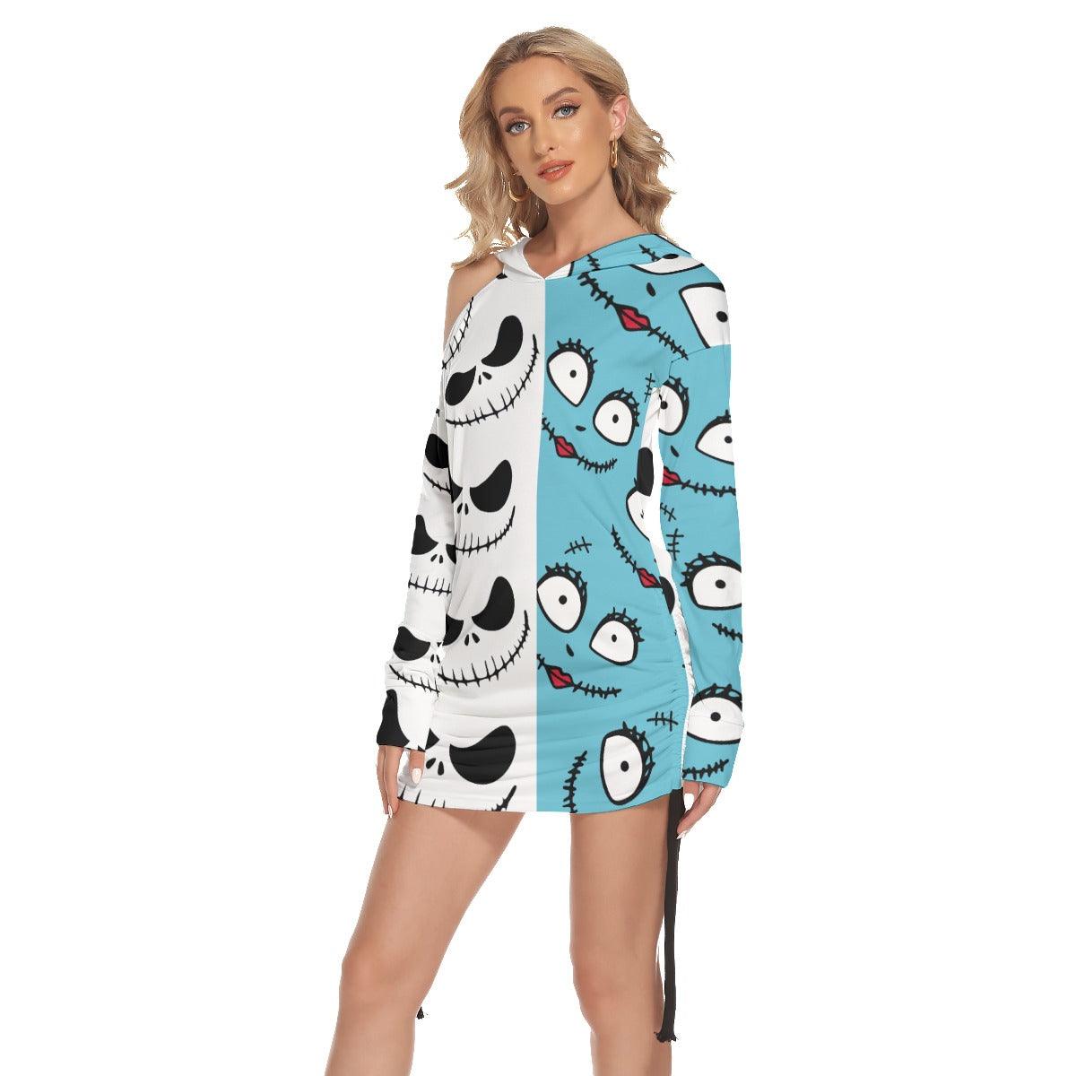 Mix Match SaJack Open Shoulder Dress Hoodie - Wonder Skull
