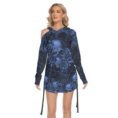 Skull Dark Blue Rose Print Open Shoulder Dress - Wonder Skull