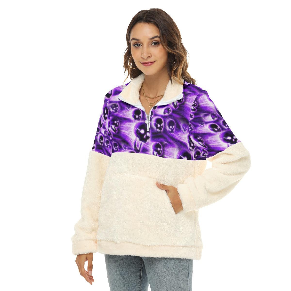 Violet Skull Fire Borg Fleece Sweatshirt With Half Zip - Wonder Skull