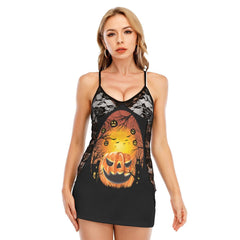 Halloween Orange & Black Pumpkin All-Over Print Women Black Lace Cami Dress, Slay Nightwear For Women - Wonder Skull
