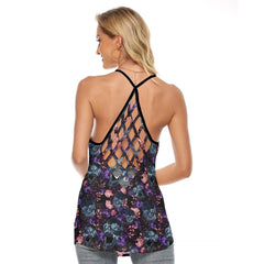 Negative Skull Floral Ornament Criss-Cross Open Back Tank Top, Coolest T-Shirt For Women - Wonder Skull