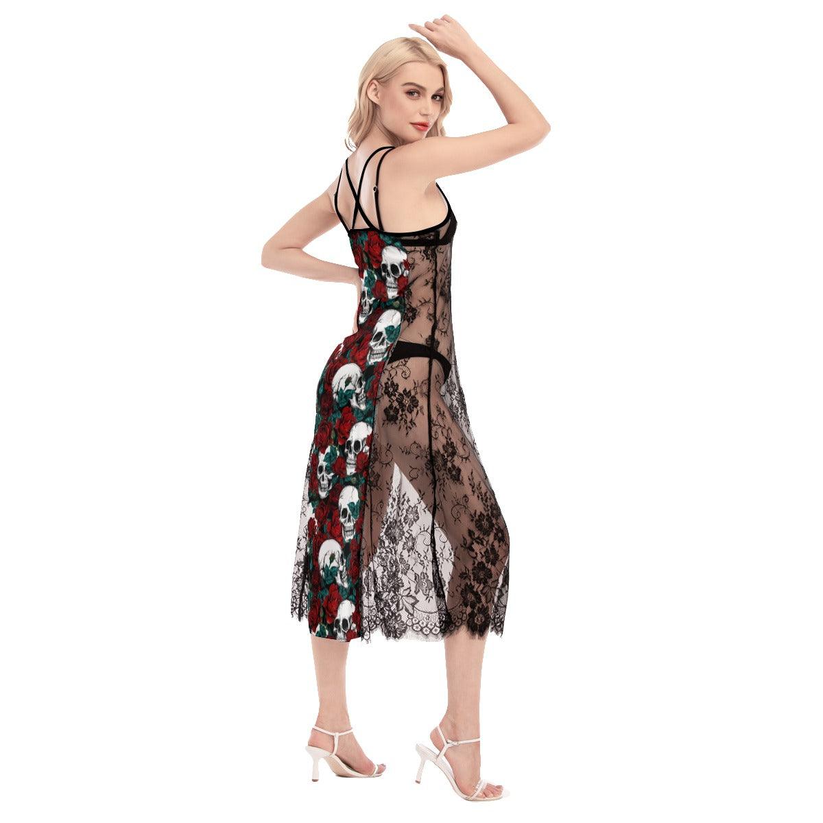 Hot Rose Skull Pattern Lace Cami Cross Back Women Dress - Wonder Skull