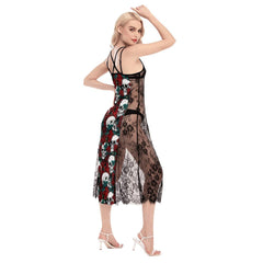 Hot Rose Skull Pattern Lace Cami Cross Back Women Dress - Wonder Skull