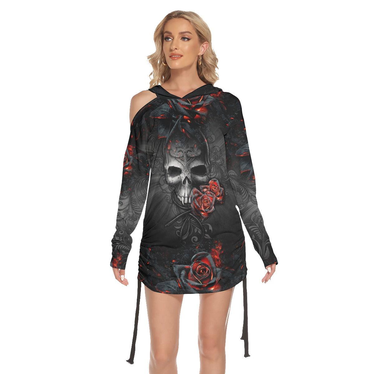 Color Drawing Rose Skull Print Open Shoulder Dress - Wonder Skull