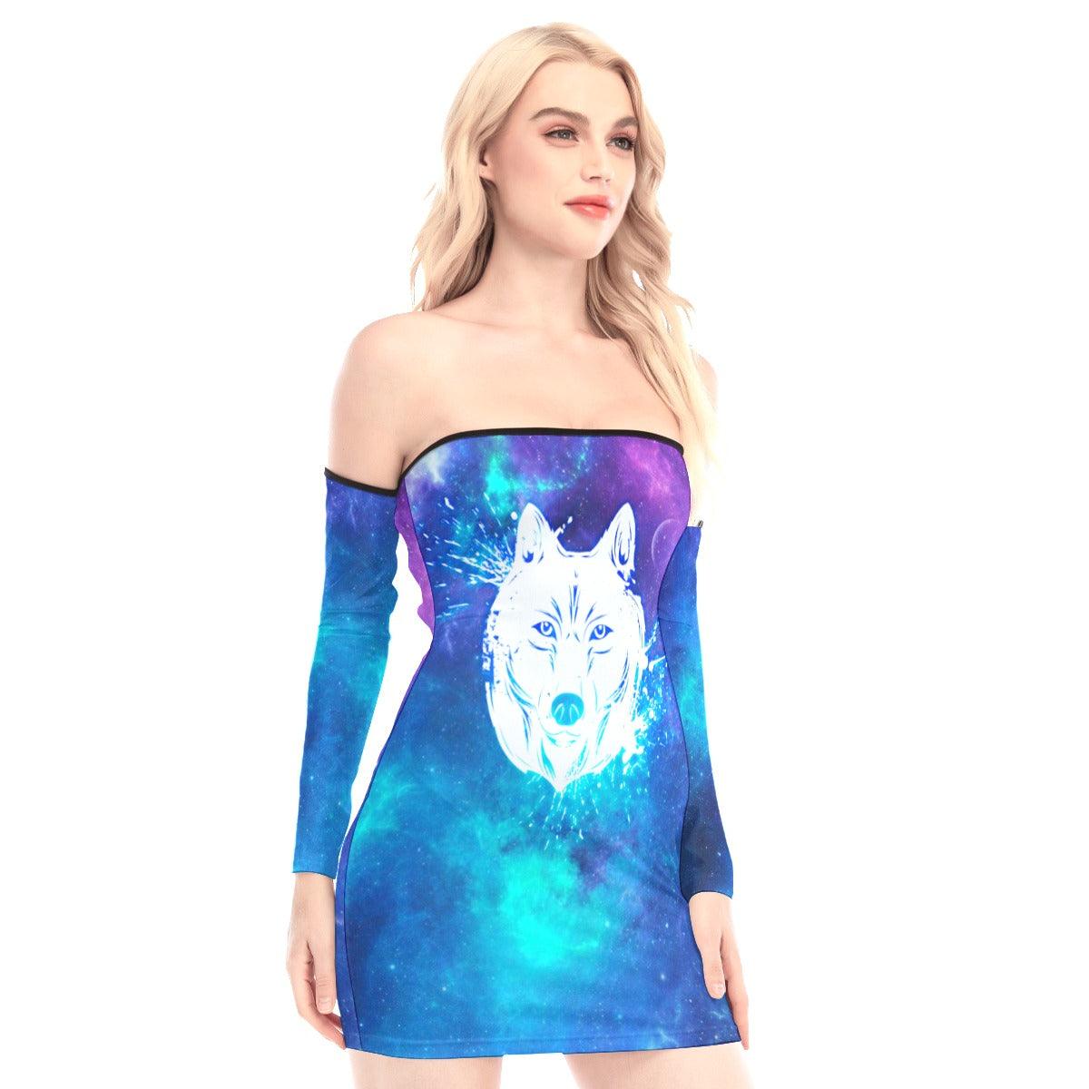 Glowing Wolf Off-shoulder Back Lace-up Dress - Wonder Skull